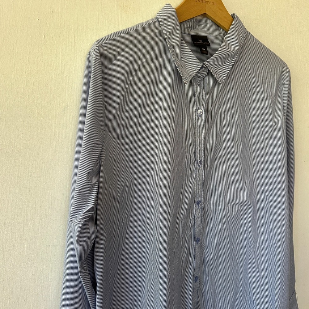 Worthington Collared Blouse Womens XL Blue Striped Button Front Corpcore Classic - Picture 2 of 6